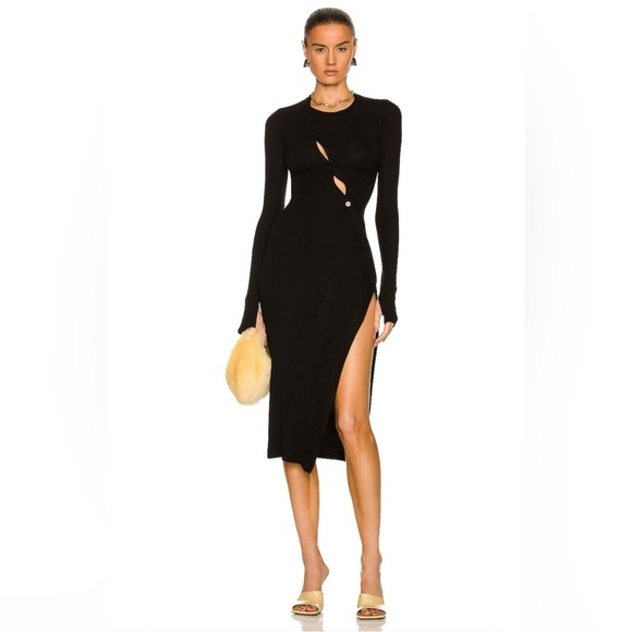 NWT Alix NYC Black Midi Dress Pearson Button Cutout Sleeve Slit Bodycon Size S - Picture 1 of 6